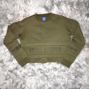 Adidas Army Green Three Stripes Cropped Crewneck